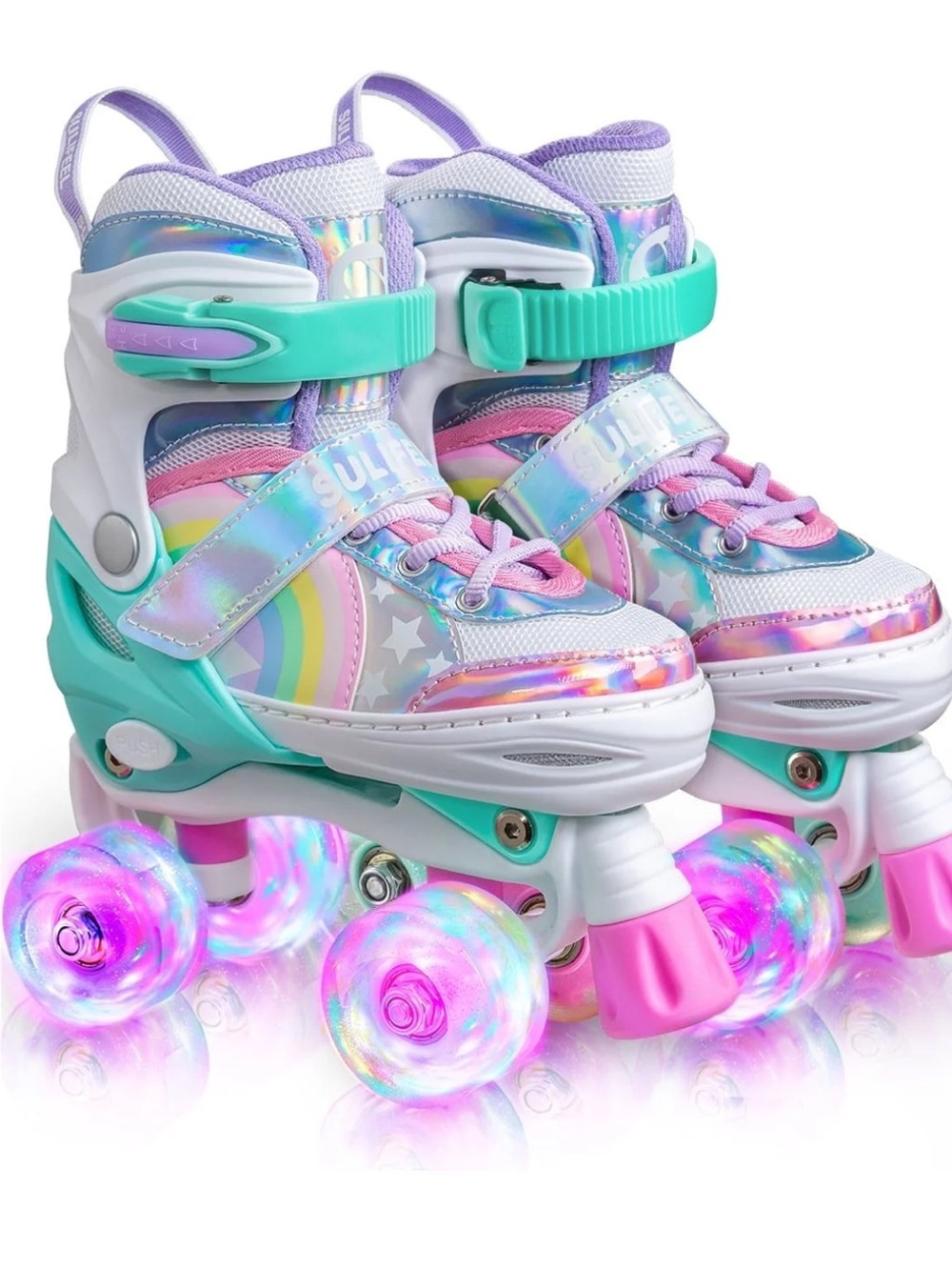 Kids Rainbow Holographic Quad Roller Skates - White, Pink, Mint